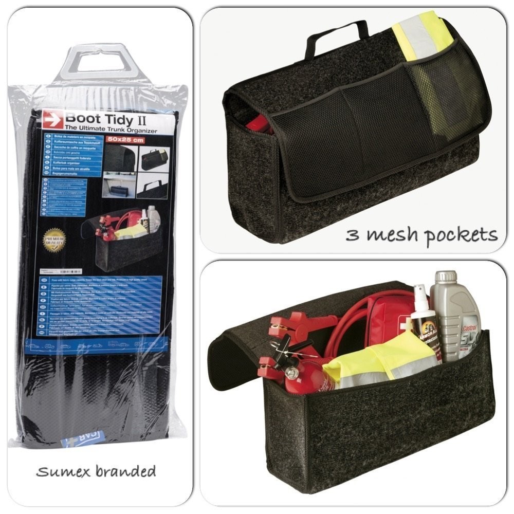 Car Boot Tidy Storage Bag  Bottom Folds Flat Pockets Black Rear Carpet Net