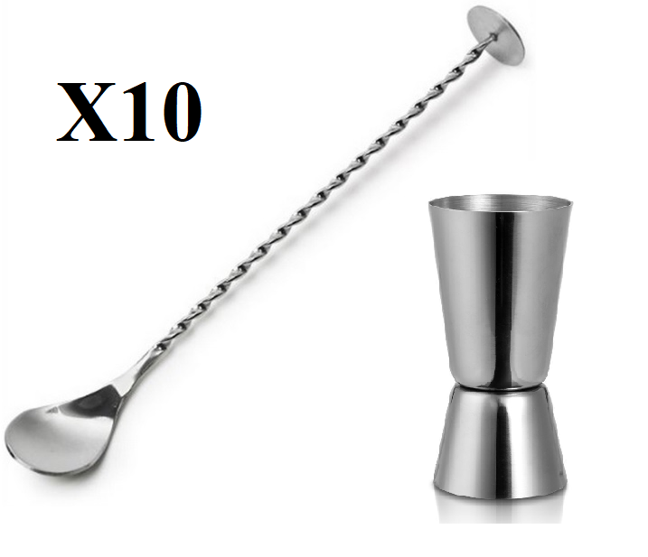 Pack Of 10 Stainless Steel Stirrer And Double Single Shot Measure Jigger Spoon Mixer