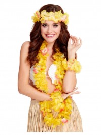 Yellow Hawaiian Flower Set Fancy Dress Costume Accessory Hair Hula Lei Party