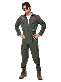Top Gun Green Jumpsuit Flight Suit Tags Glasses Halloween Costume Fancy Dress 