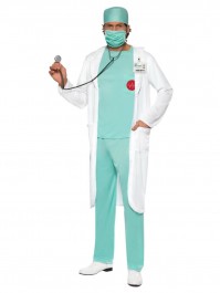 Medium Green Scrub Doctor Costumes Mens Adult Halloween Fancy Dress Party Hat Mask Coat