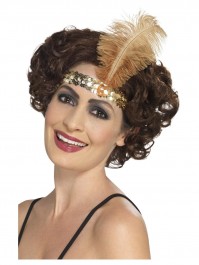 Gold Sequined Flapper Headband With Goose Feather 