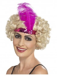 Women's Pink Sequined Flapper Headband with Pink Goose Feather 