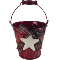 13cm Metal Round Bucket With Tartan Ribbon Bow Red Christmas Planter Decoration 