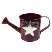 10 cm Metal Watering Can Pot with Tartan Ribbon Bow Red White Star Detail Handle