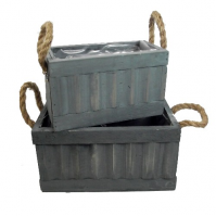 Set Of 2 Grey Wooden Rectangular Planters With Rope Handles Plastic Lined