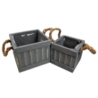 Set Of 2 Distressed Grey Wooden Square Planters With Rope Handles Plastic Lined