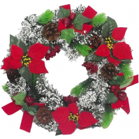 40cm Christmas Spruce Wreath Velvet Poinsettias Snow Cones Berries Red Bows Snow