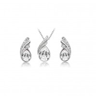 Crystal Droplet Silver Clear Diamond Elegant Earrings & Necklace Jewellery Set