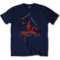 Marvel Comics Navy Blue Mens T-Shirt Deadpool Jump Logo Swords Wade Official