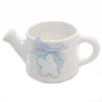 Large Ceramic Glazed Tea Pot Gingham Flower Ribbon Baby Blue And White Boy