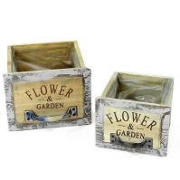 Set of 2 Rustic Square Wooden Planter Plastic Lined Flower And Garden Distressed