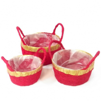 Red And Gold Set Of 3 Sisal Round Baskets Planters Handle Plastic Lined Indoor