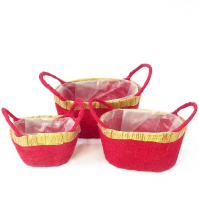 Red And Gold Set Of 3 Sisal Oval Baskets Planters Handle Plastic Lined Indoor