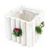 20cm Square Natural Log Planter Plastic Lined With Christmas Decoration