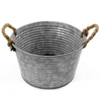19cm Small Metal Rustic Round Ribbed Planter With Rope Handles Zinc Indoor