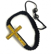 Gold Sideways Cross Bracelet With Orange Crystal Black Braided Cord Rope