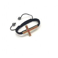 Gold Sideways Cross Bracelet With Pink Crystals Black Braided Cord Rope