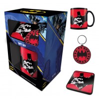 DC Comics Official Black Red Batman Logo Mug Coaster Key Chain Ring Gift Set