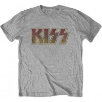 Kiss Official Vintage Distressed Classic Logo Mens Grey T-Shirt Short Sleeve