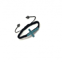 Light Blue Sideways Cross Bracelet With Blue Crystals Black Braided Cord Rope