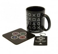 PlayStation Logo Black And White Mug Coaster Key Chain Ring Gift Set Official 