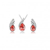 Crystal Droplet Silver and Red Orange Elegant Earrings & Necklace Jewellery Set