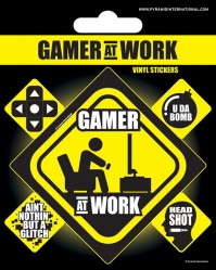 Gamer At Work Pack Of 5 Vinyl Stickers PC Playstation Xbox Head Shot Hazard