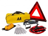 AA Official Car Essentials Breakdown Emergency Travel Kit Tow Towing Rope Warning Triangle LED Torch Foot Pump Gloves Jump Start Battery Booster Cables 