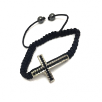 Silver Sideways Cross Bracelet With Black Crystal Black Braided Cord Rope