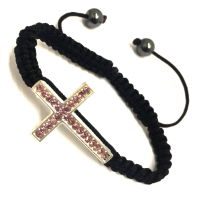 Silver Sideways Cross Bracelet With Baby Pink Crystal Black Braided Cord Rope