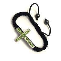 Silver Sideways Cross Bracelet With Light Green Crystals Black Braided Cord Rope