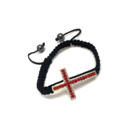 Silver Sideways Cross Bracelet With Red Crystals Black Braided Cord Rope