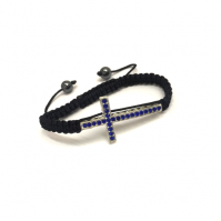 Large Silver Sideways Cross Bracelet With Blue Crystals Black Braided Cord Rope
