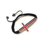 Large Silver Sideways Cross Bracelet With Red Crystals Black Braided Cord Rope